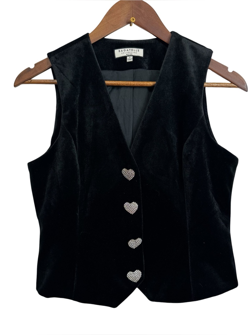 Bagatelle‎ Black Velvet Vest with Heart Rhinestone Buttons Western